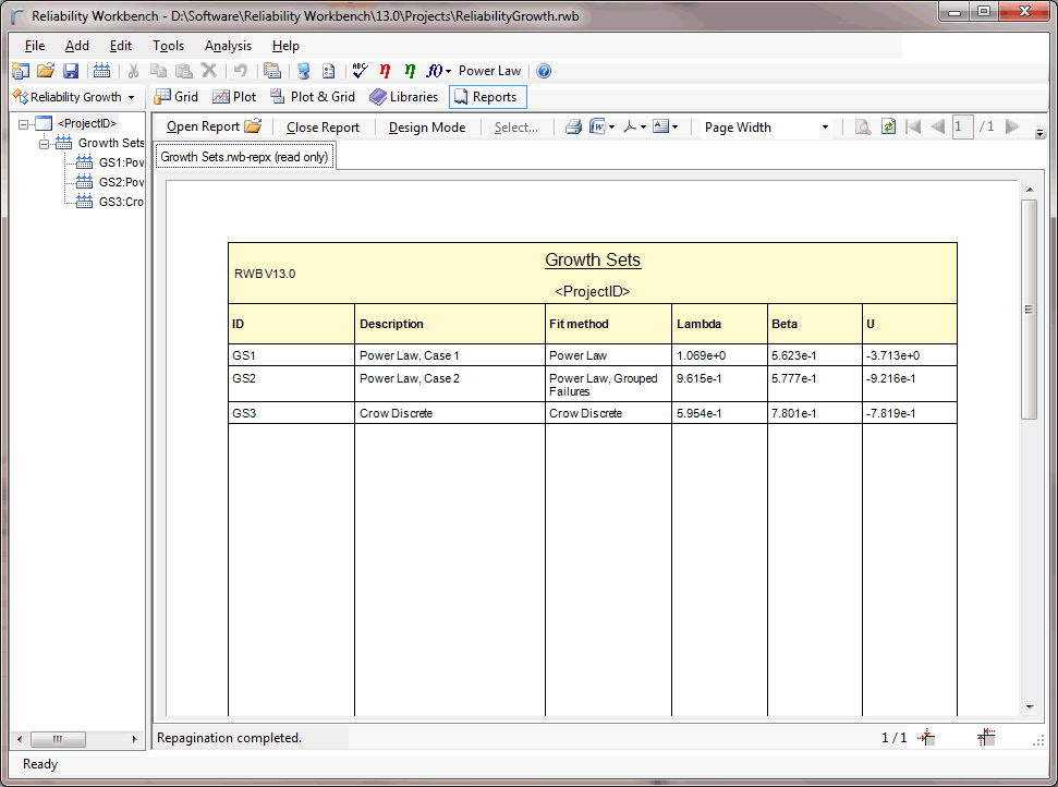 Introduction to Reliability Growth in Reliability Workbench — growth report text